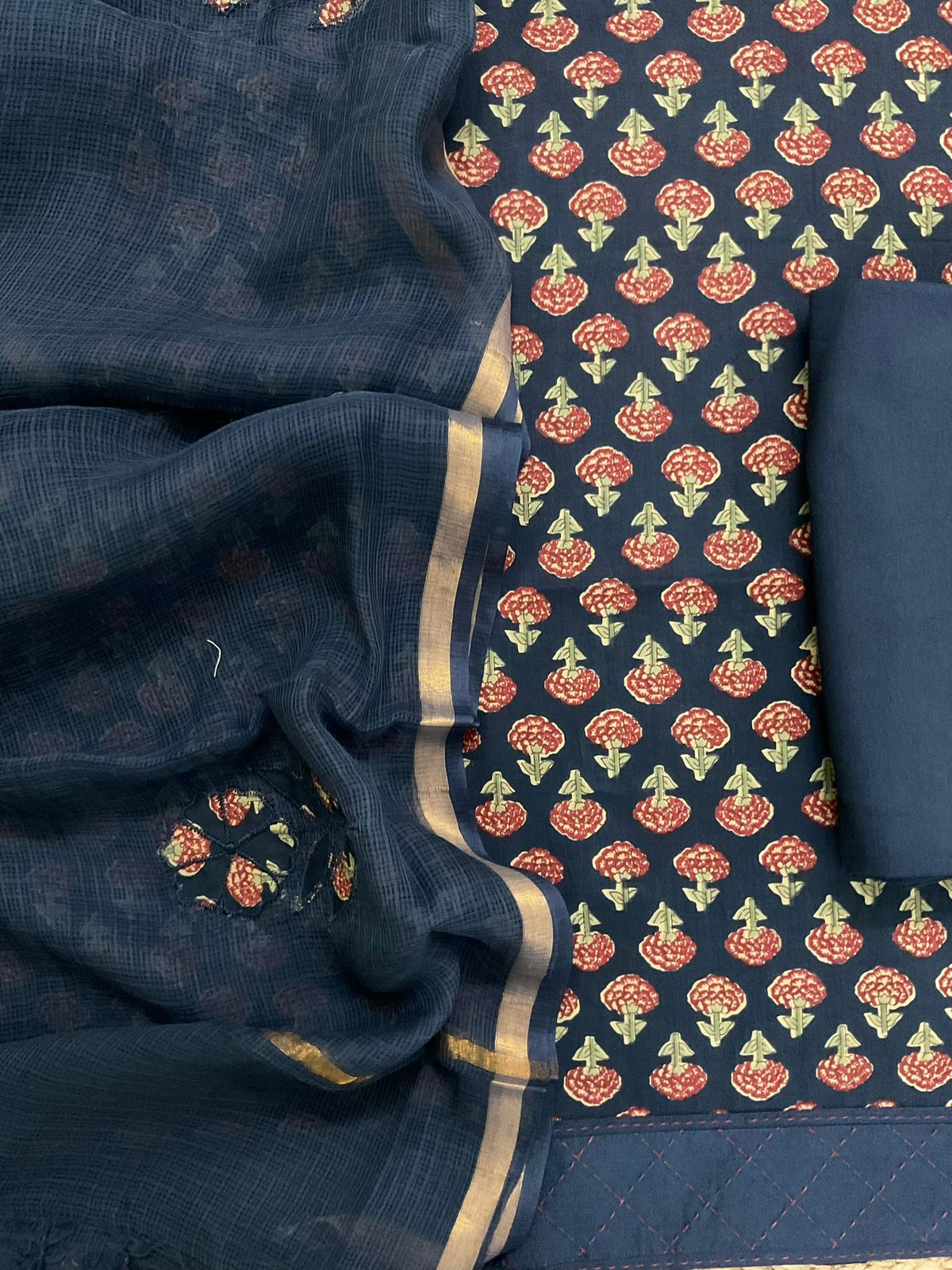 Pure Cotton Printed Embroidered Suit - Blue