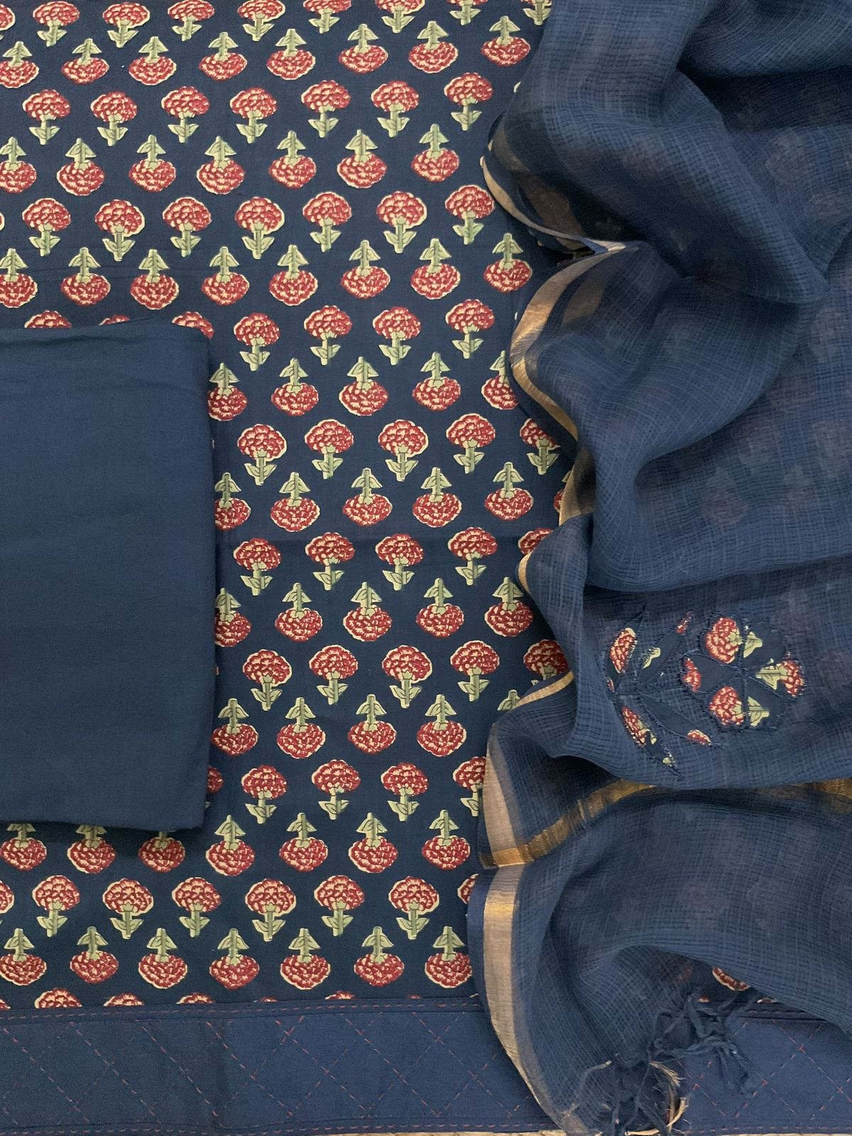 Pure Cotton Printed Embroidered Suit - Blue