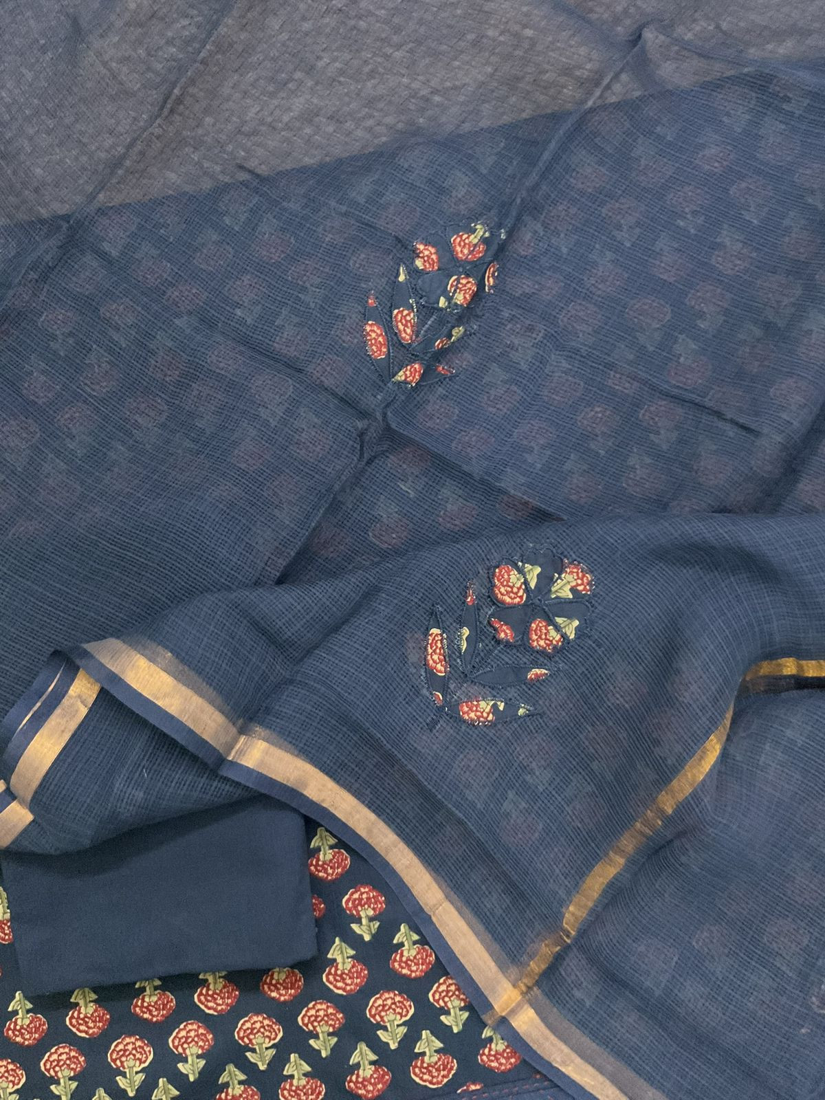 Pure Cotton Printed Embroidered Suit - Blue