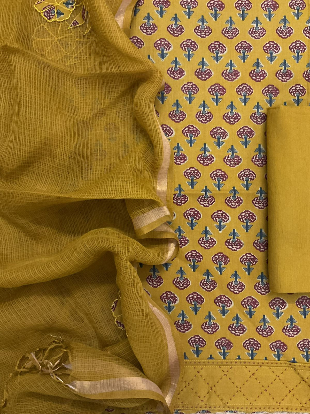 Pure Cotton Printed Embroidered Suit - Yellow