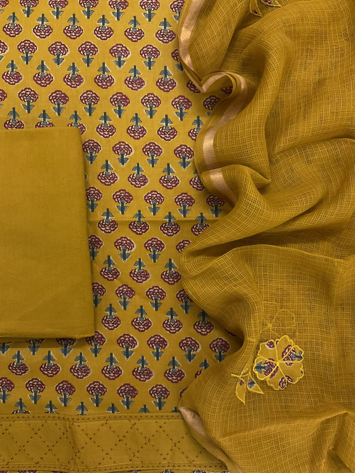 Pure Cotton Printed Embroidered Suit - Yellow
