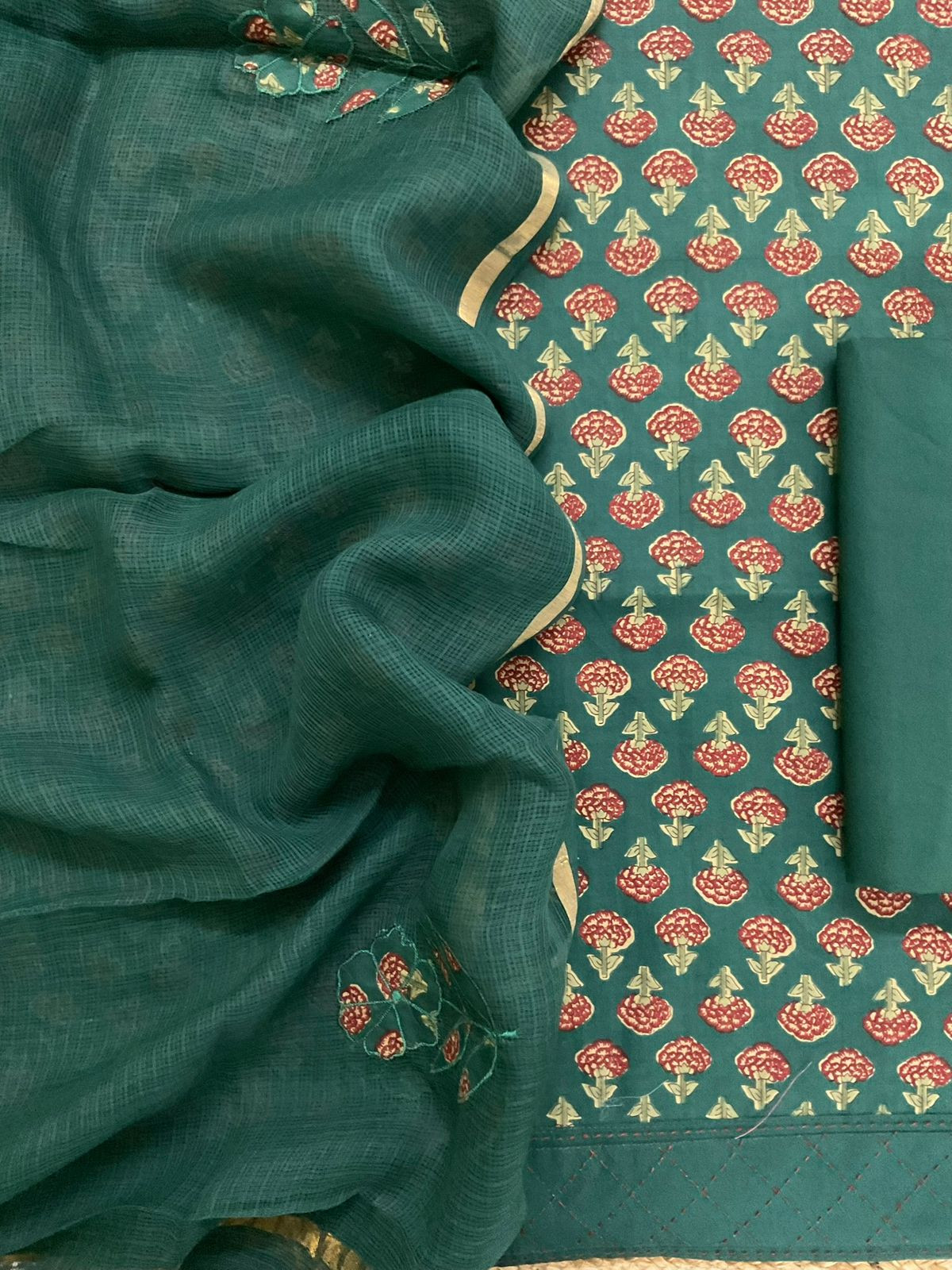 Pure Cotton Printed Embroidered Suit - Green