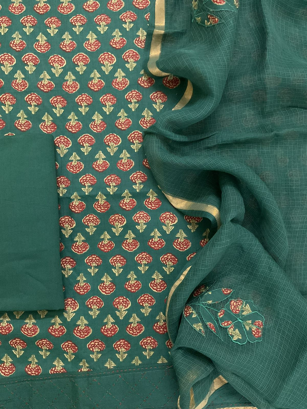 Pure Cotton Printed Embroidered Suit - Green