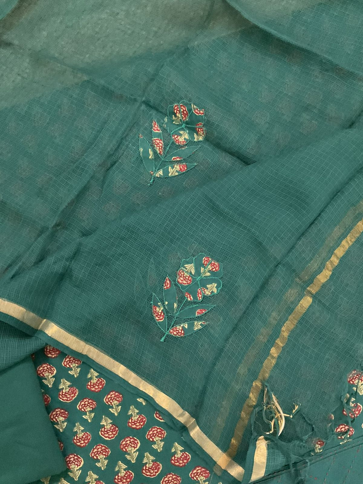 Pure Cotton Printed Embroidered Suit - Green