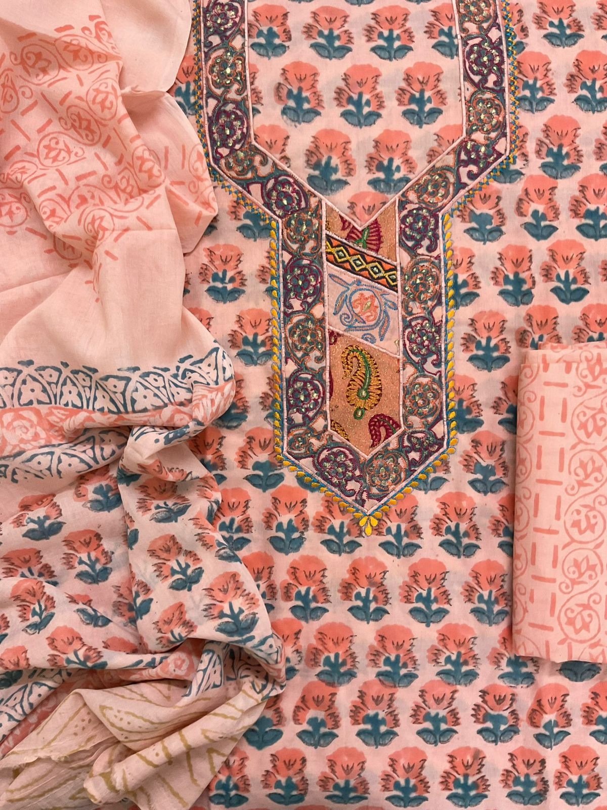 Pure Cotton Printed Embroidered Suit - Peach
