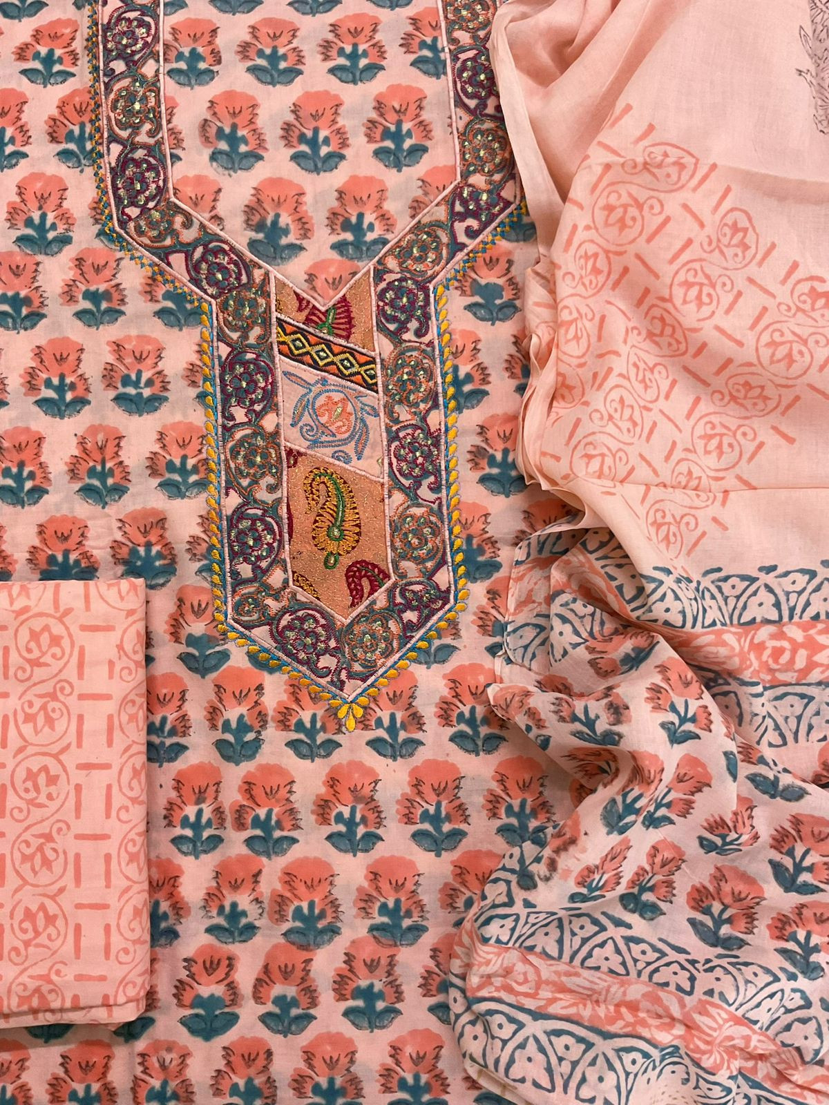 Pure Cotton Printed Embroidered Suit - Peach
