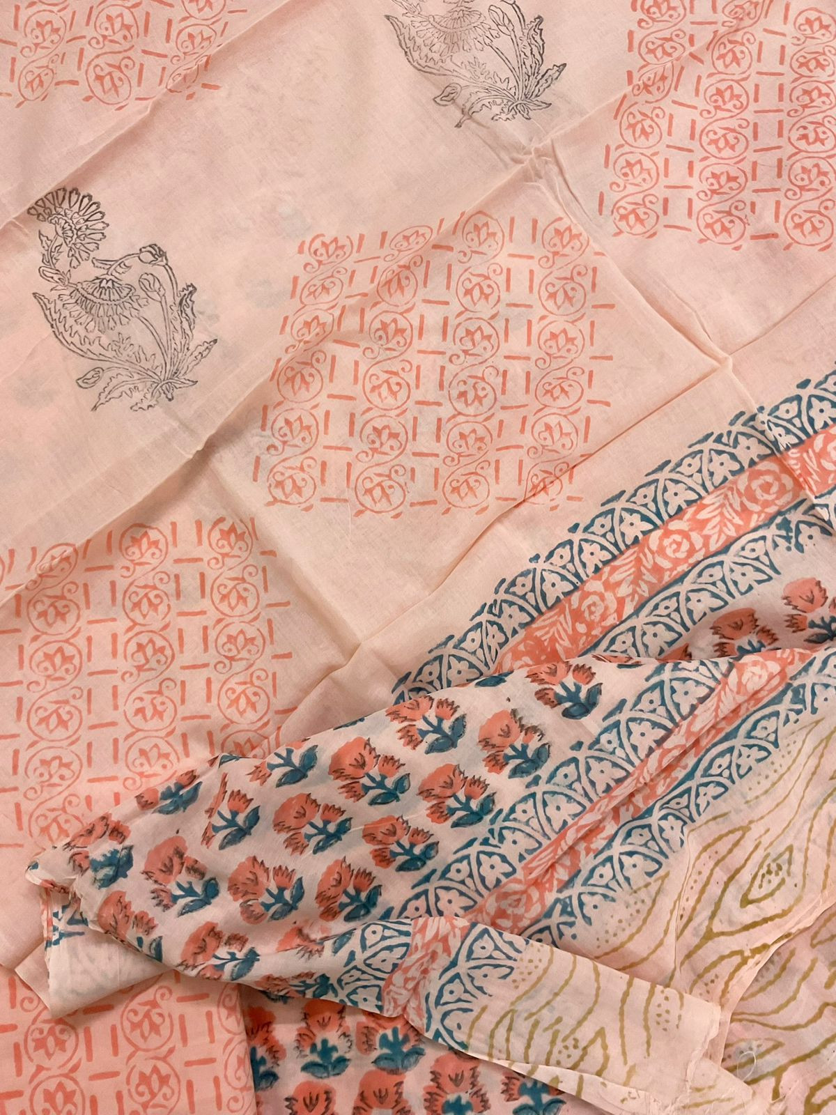 Pure Cotton Printed Embroidered Suit - Peach