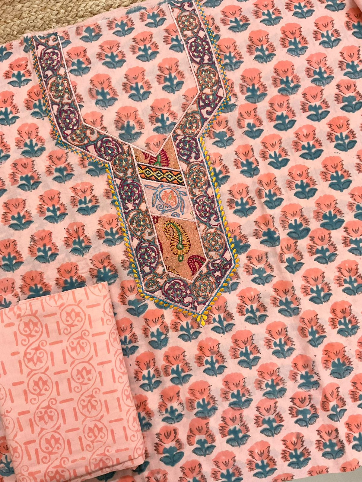 Pure Cotton Printed Embroidered Suit - Peach