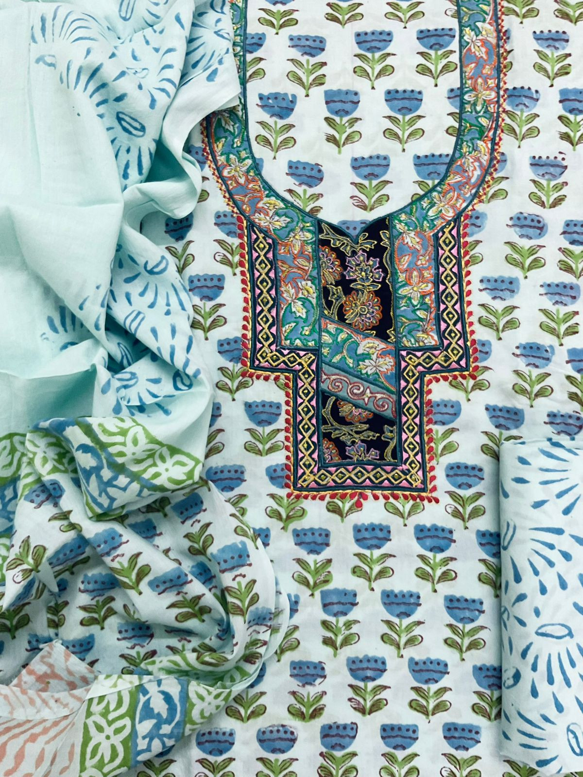 Pure Cotton Printed Embroidered Suit - Blue