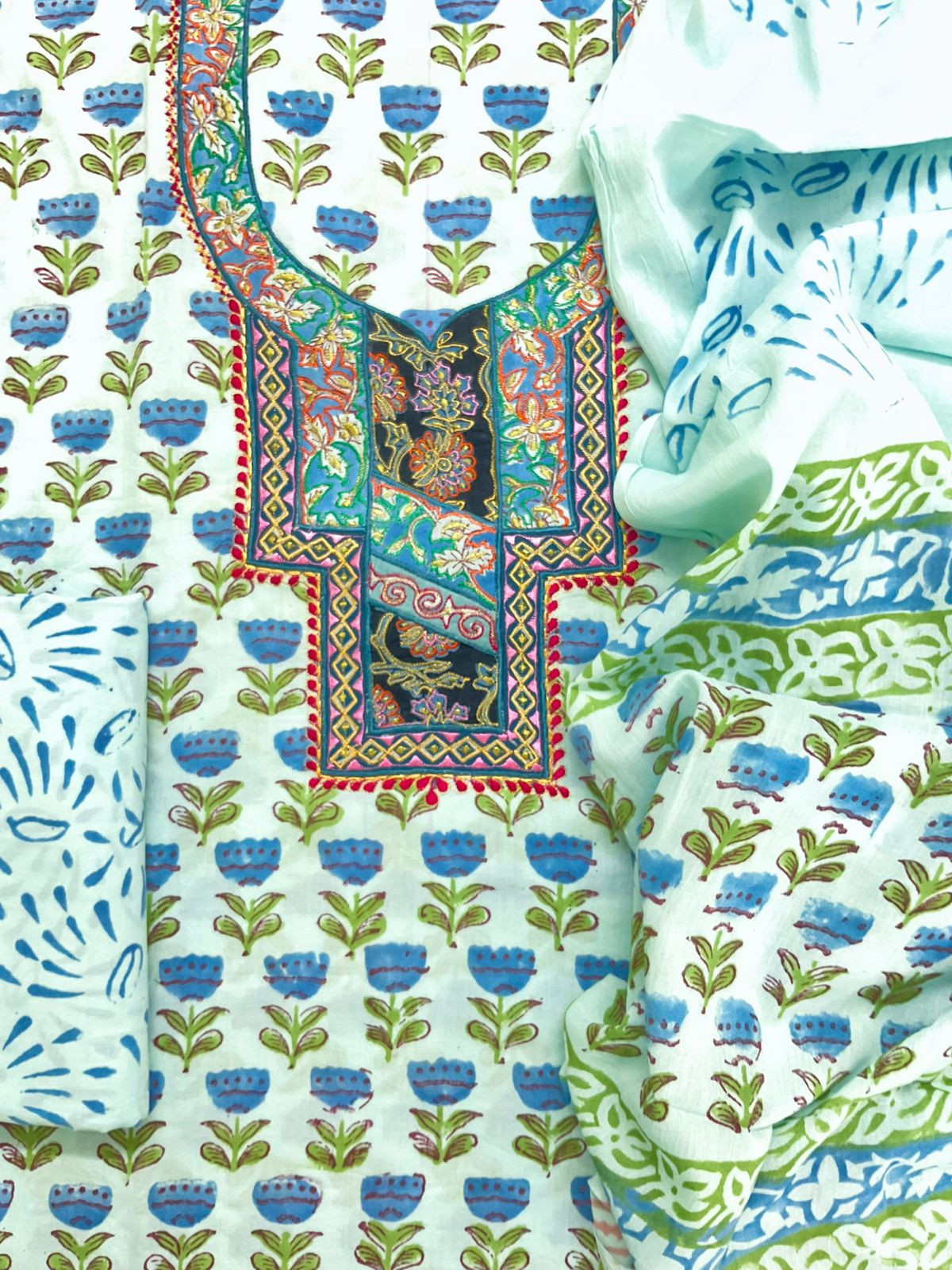 Pure Cotton Printed Embroidered Suit - Blue