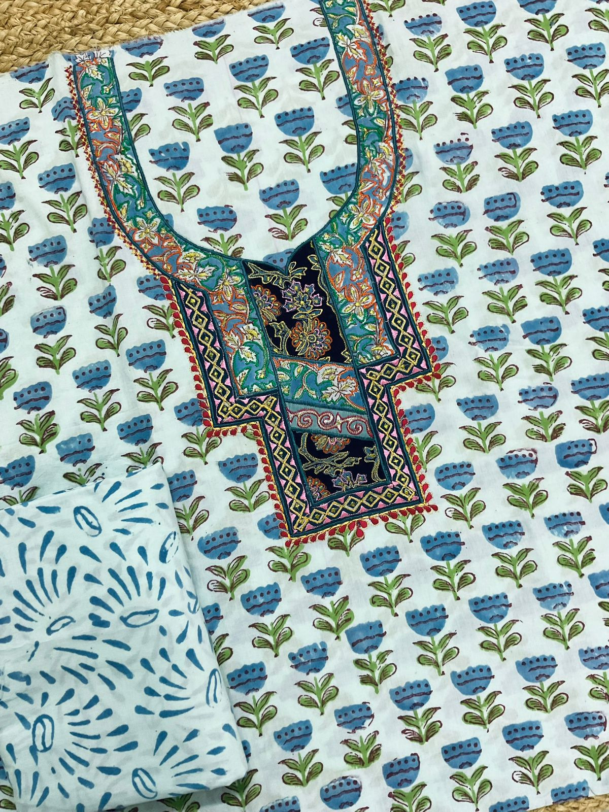 Pure Cotton Printed Embroidered Suit - Blue