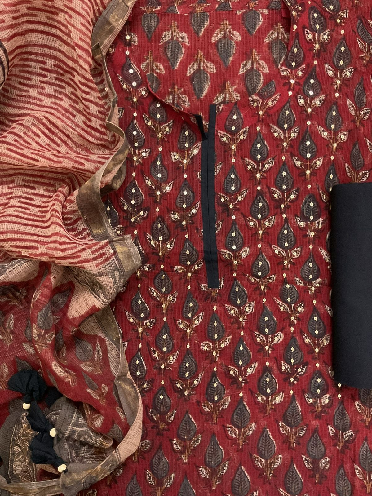 Pure Kota Cotton Block Printed Embroidered Suit - Maroon