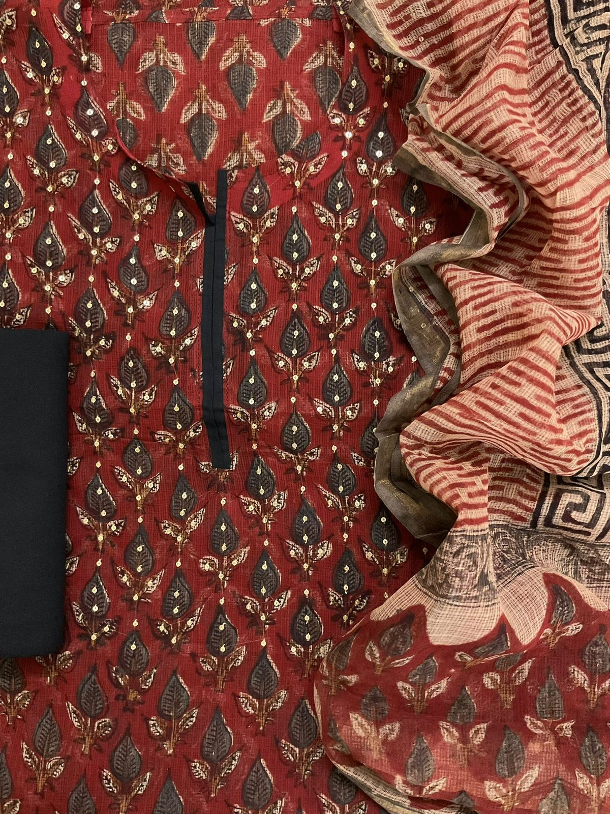 Pure Kota Cotton Block Printed Embroidered Suit - Maroon