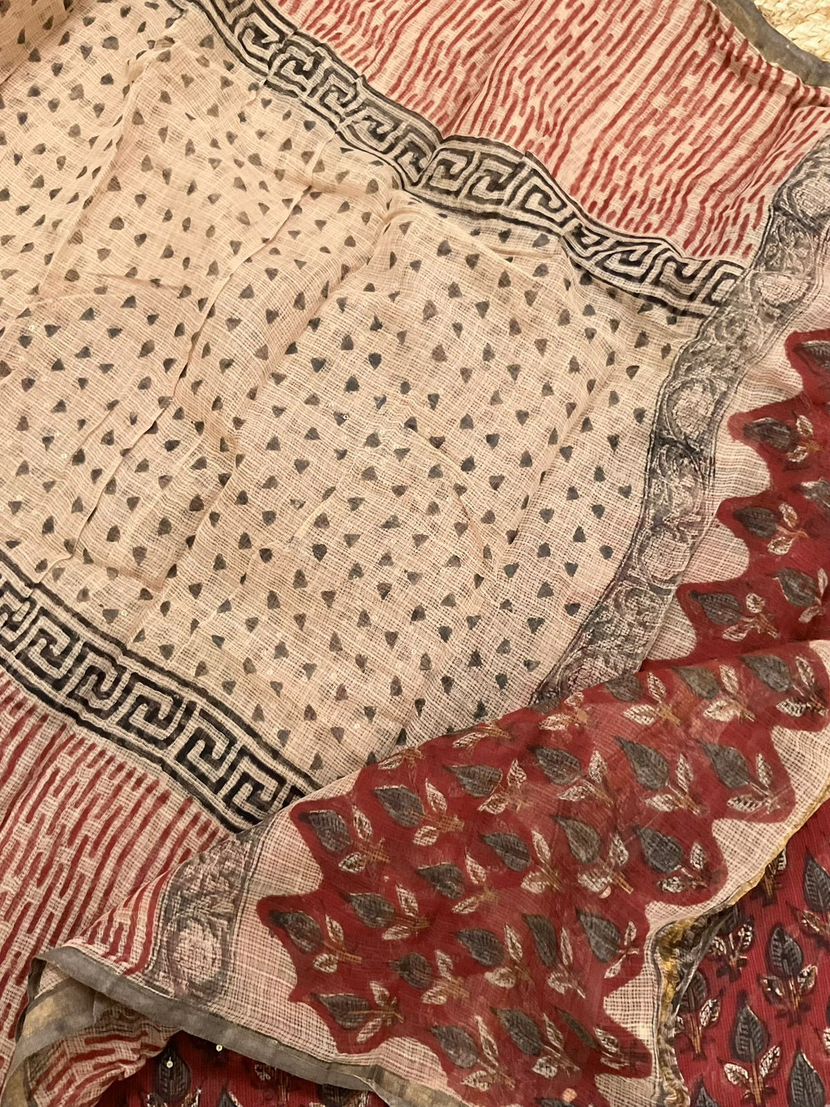 Pure Kota Cotton Block Printed Embroidered Suit - Maroon