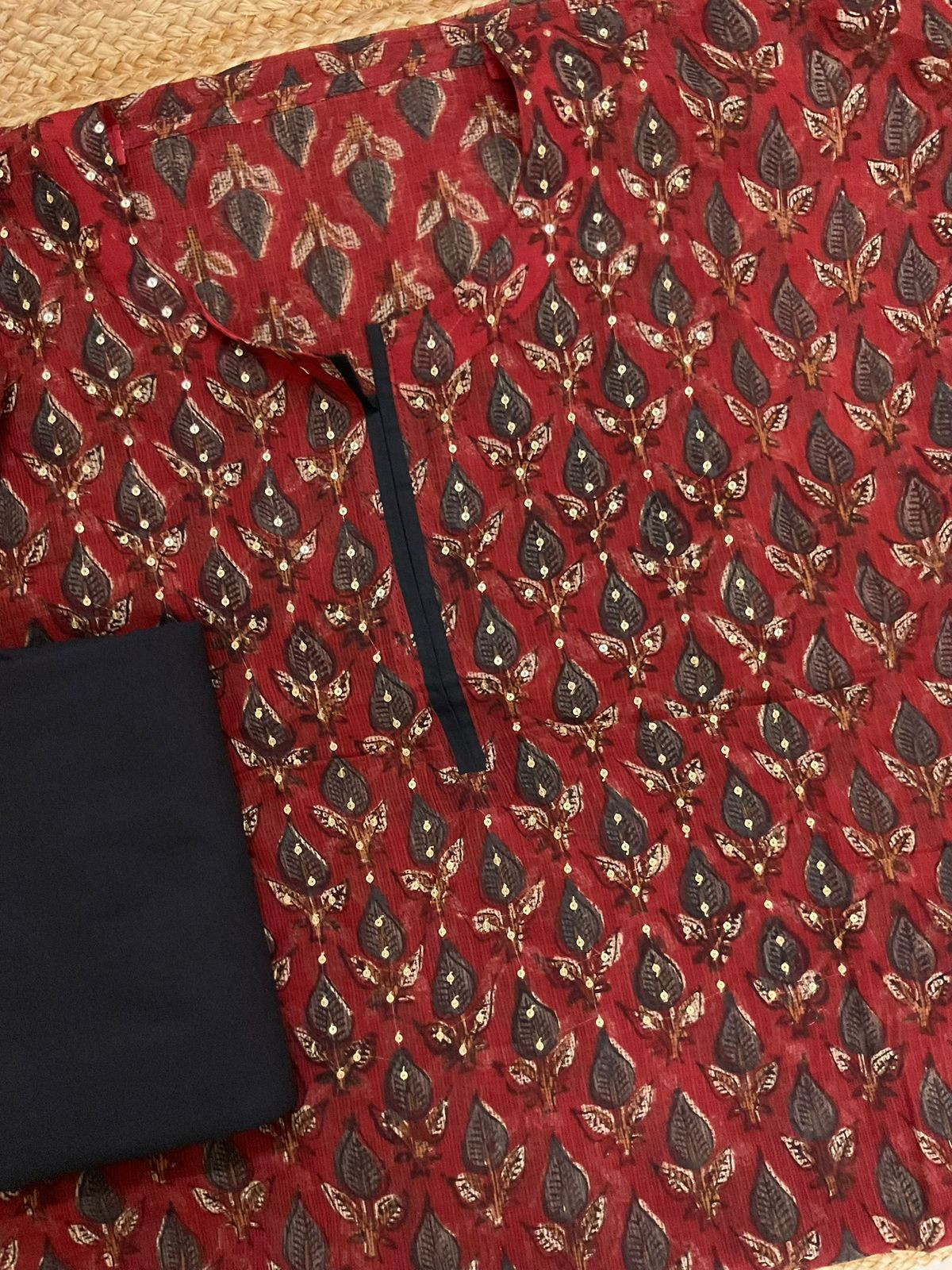 Pure Kota Cotton Block Printed Embroidered Suit - Maroon