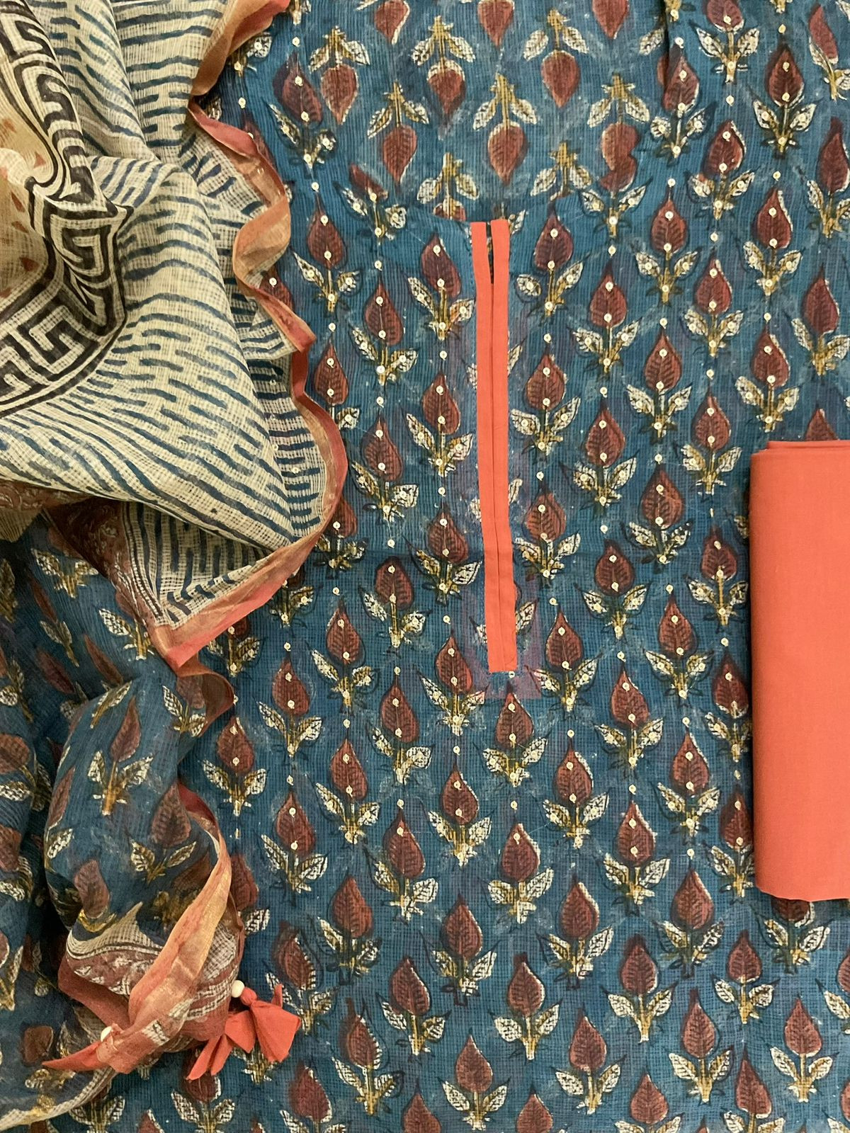 Pure Kota Cotton Block Printed Embroidered Suit - Blue