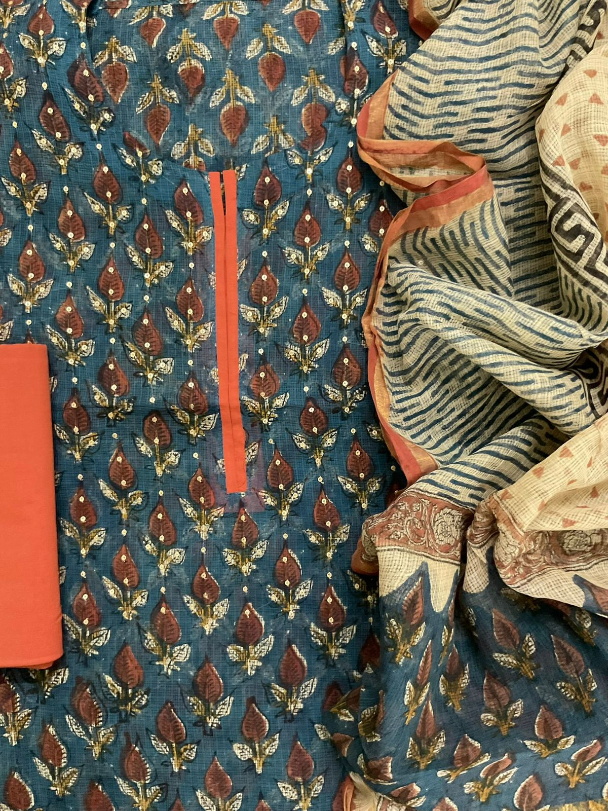 Pure Kota Cotton Block Printed Embroidered Suit - Blue