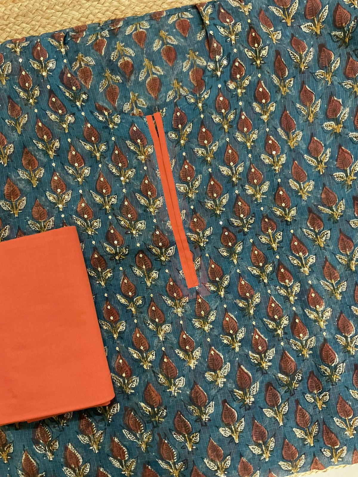 Pure Kota Cotton Block Printed Embroidered Suit - Blue