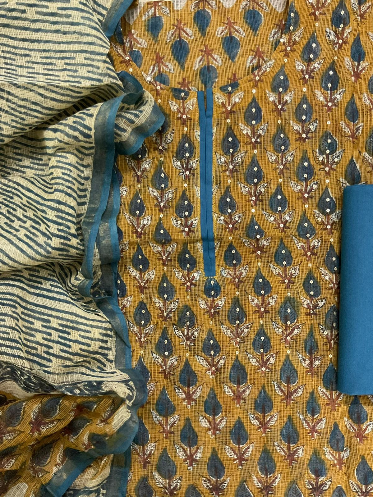 Pure Kota Cotton Block Printed Embroidered Suit - Yellow