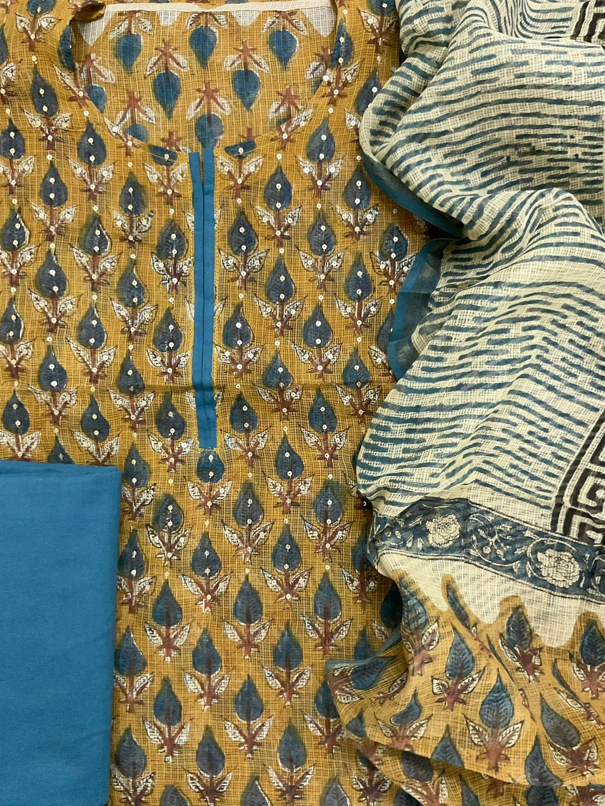 Pure Kota Cotton Block Printed Embroidered Suit - Yellow