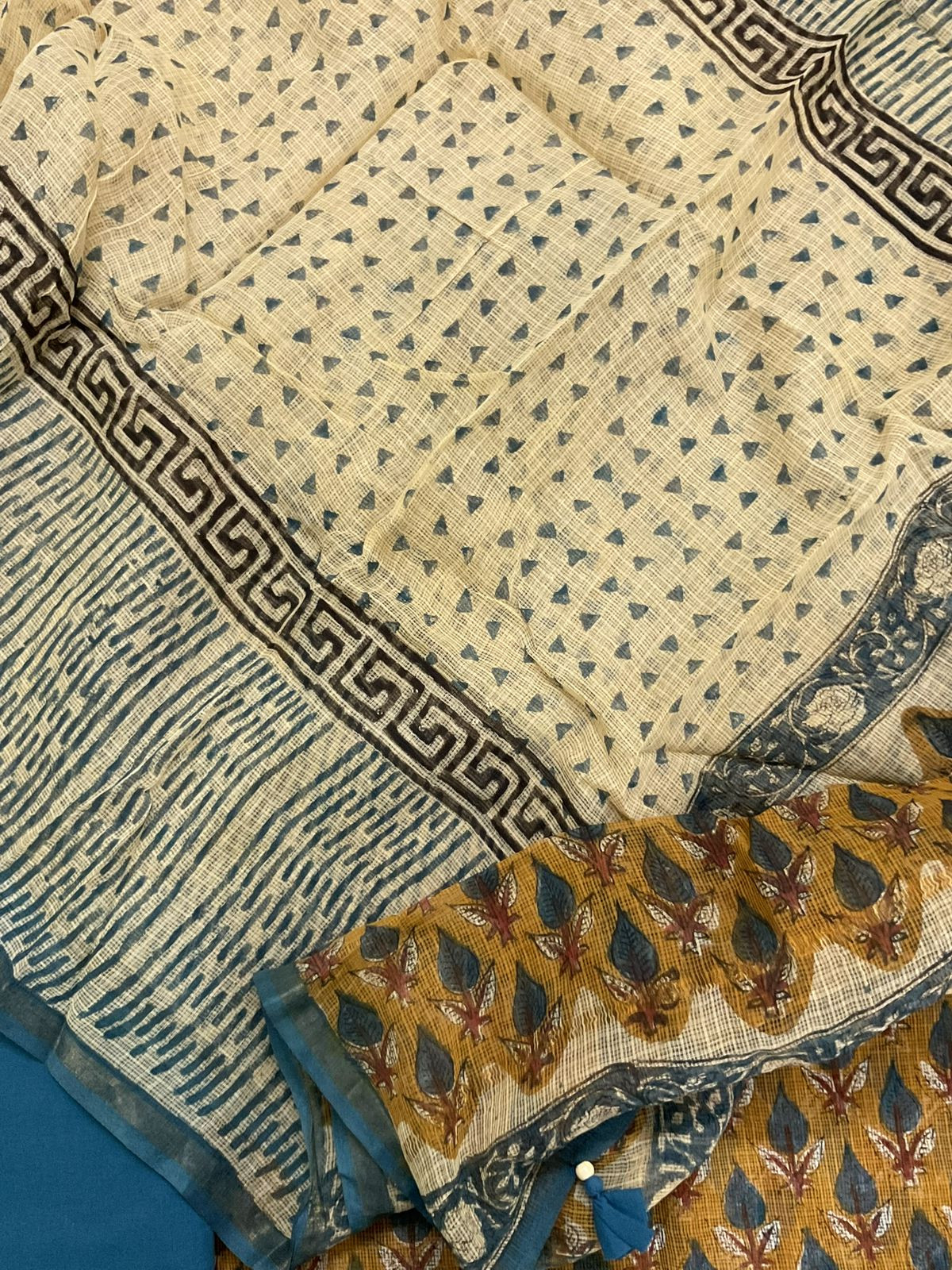 Pure Kota Cotton Block Printed Embroidered Suit - Yellow