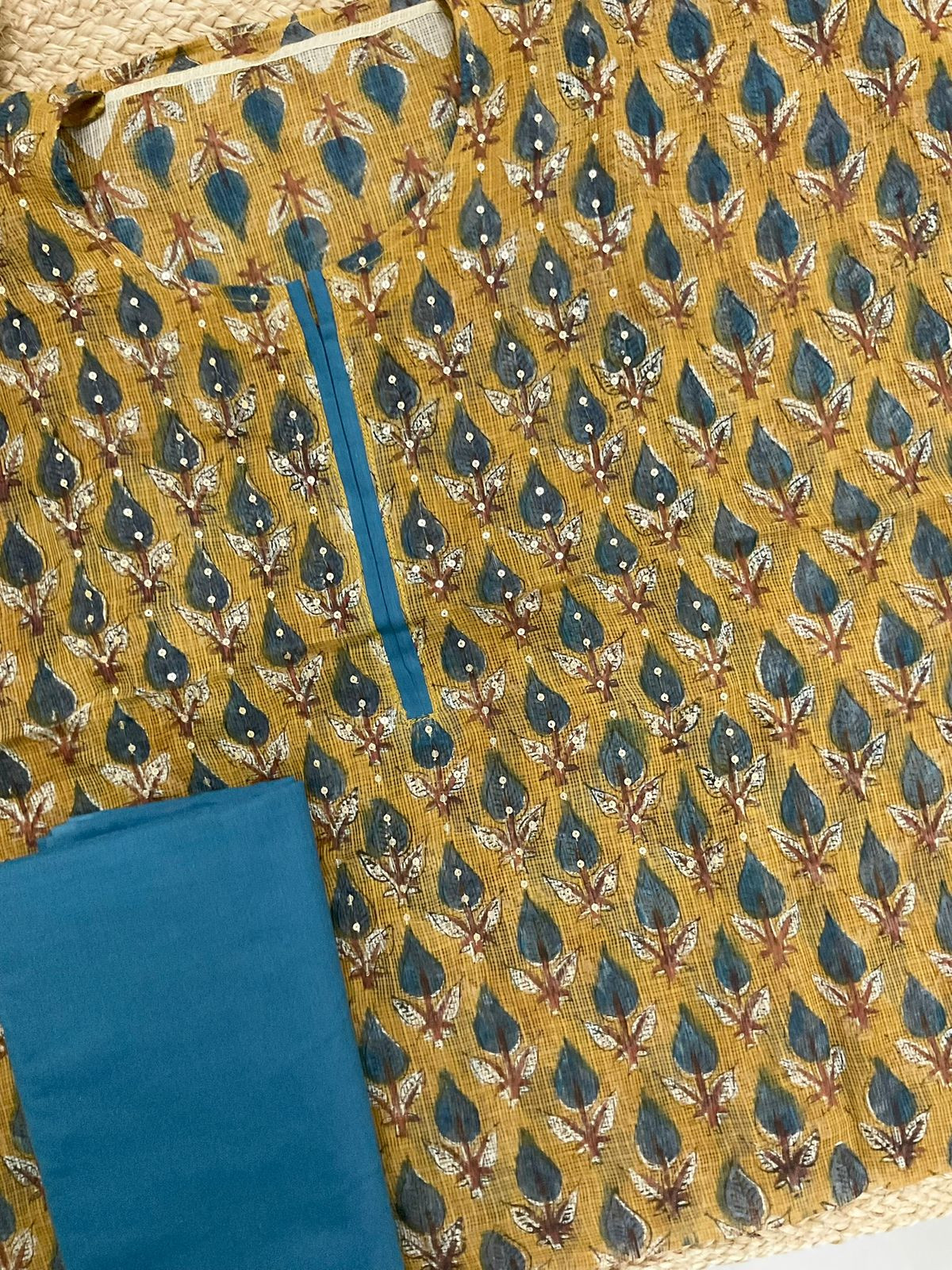 Pure Kota Cotton Block Printed Embroidered Suit - Yellow