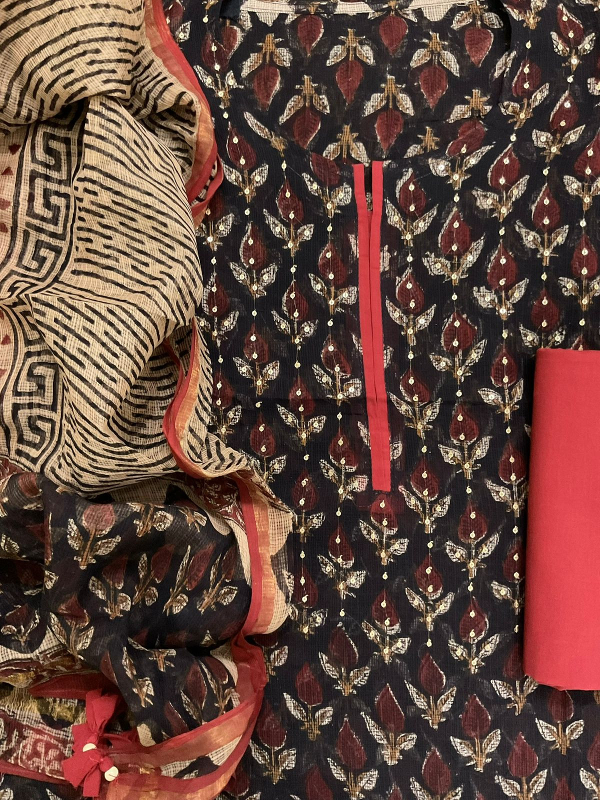 Pure Kota Cotton Block Printed Embroidered Suit - Black