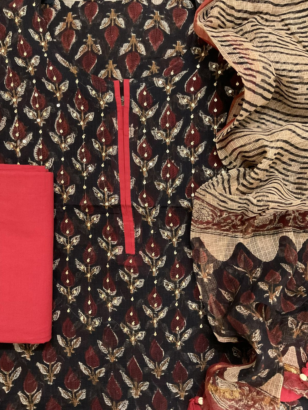 Pure Kota Cotton Block Printed Embroidered Suit - Black