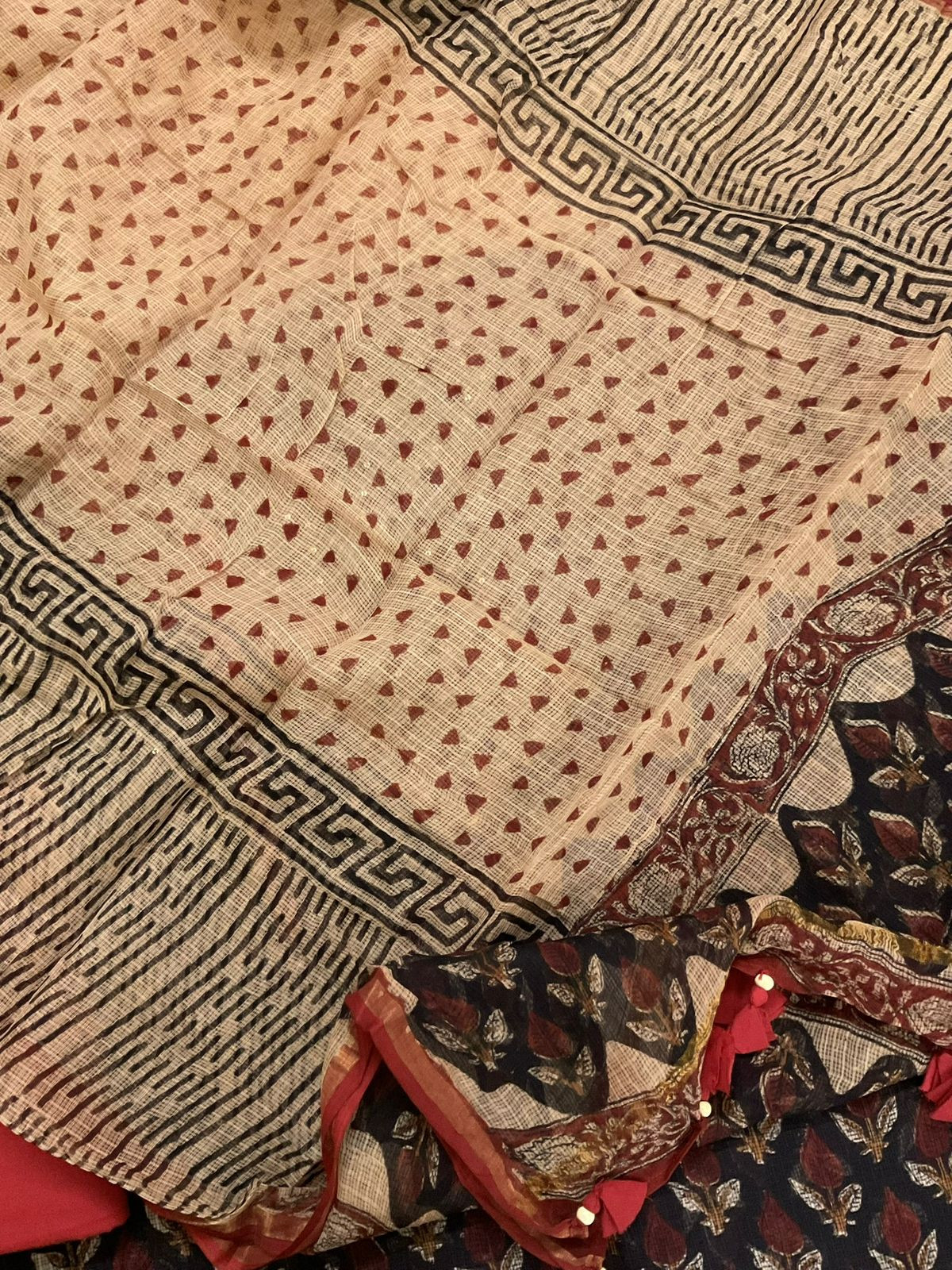 Pure Kota Cotton Block Printed Embroidered Suit - Black