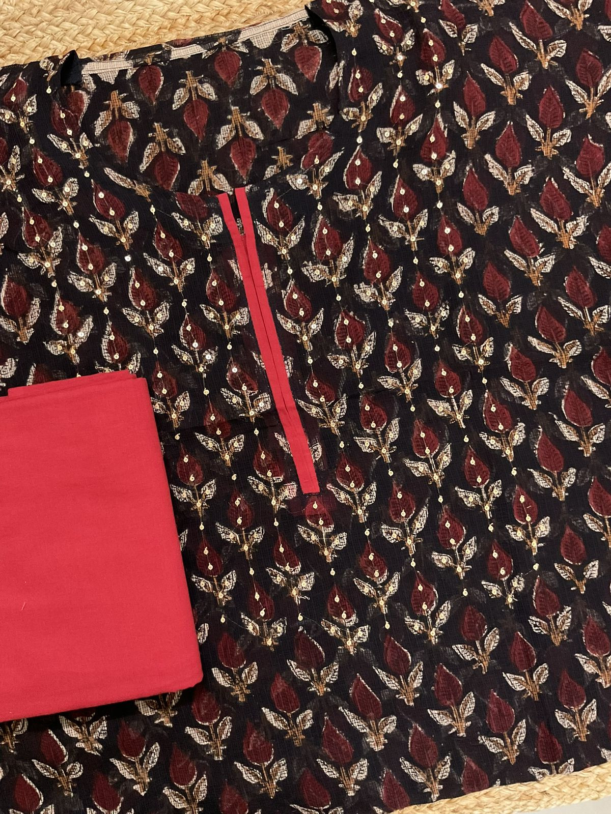 Pure Kota Cotton Block Printed Embroidered Suit - Black