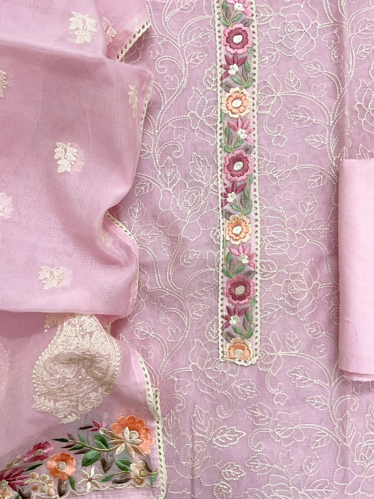 Soft Fine Supernet Embroidered Suit - Pink