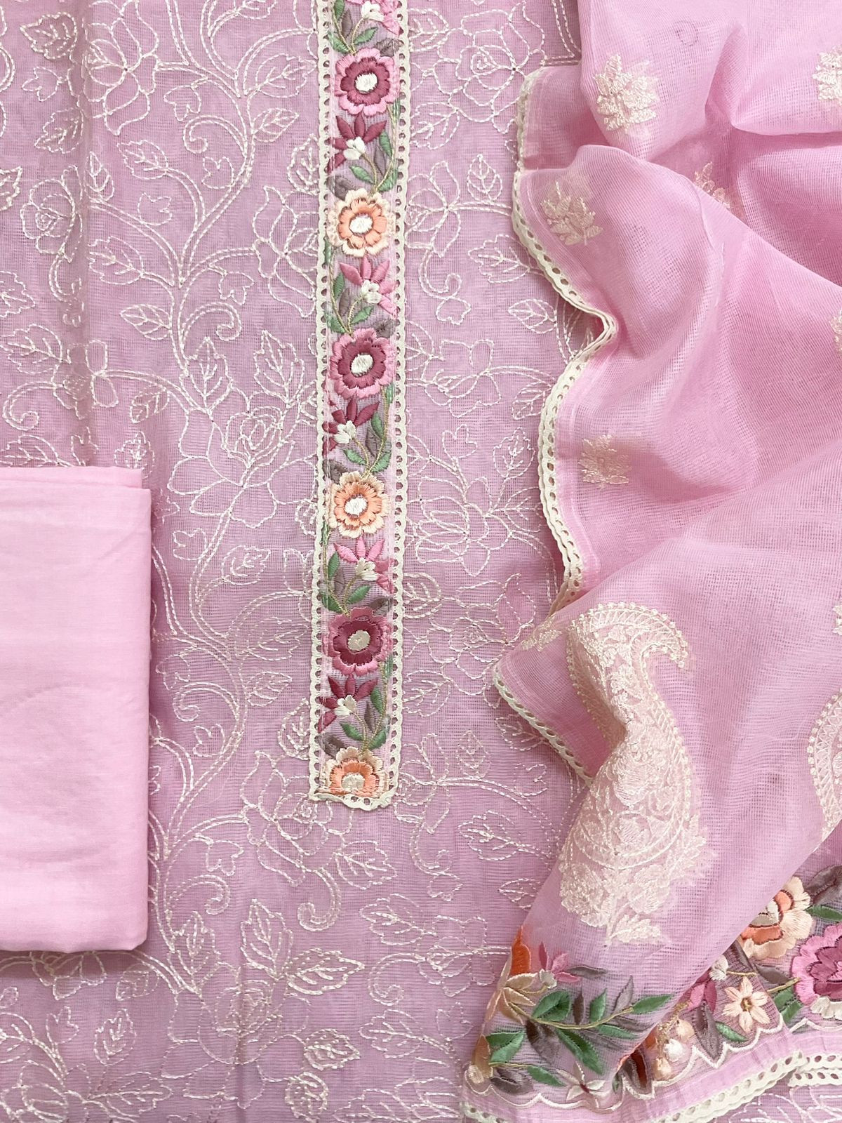 Soft Fine Supernet Embroidered Suit - Pink