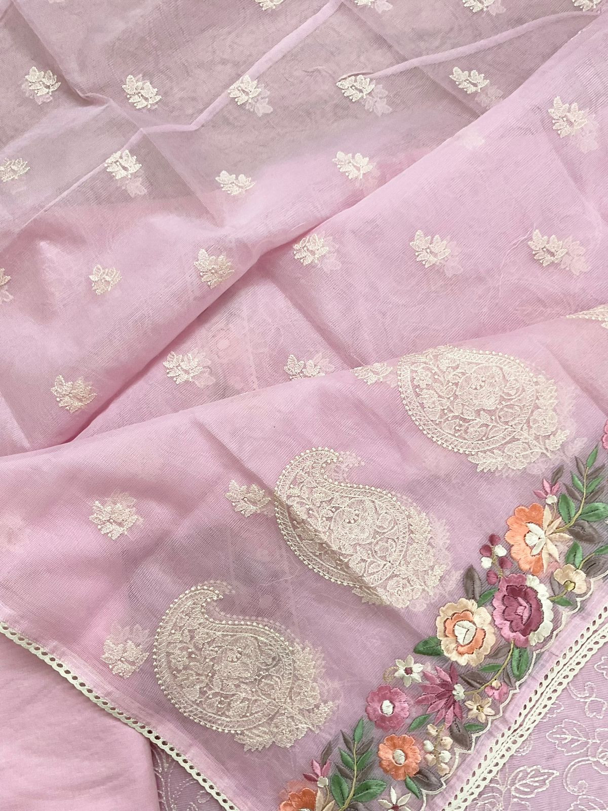 Soft Fine Supernet Embroidered Suit - Pink