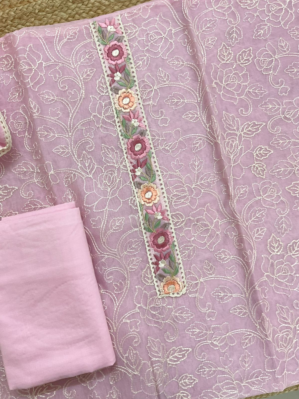 Soft Fine Supernet Embroidered Suit - Pink