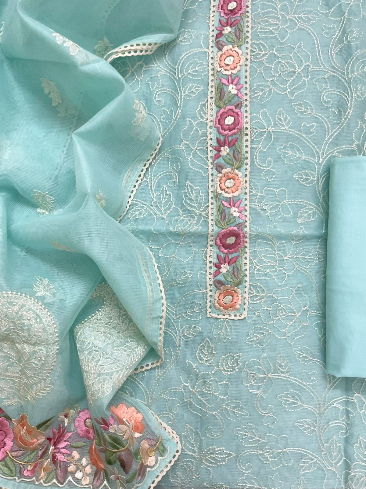 Soft Fine Supernet Embroidered Suit - Blue