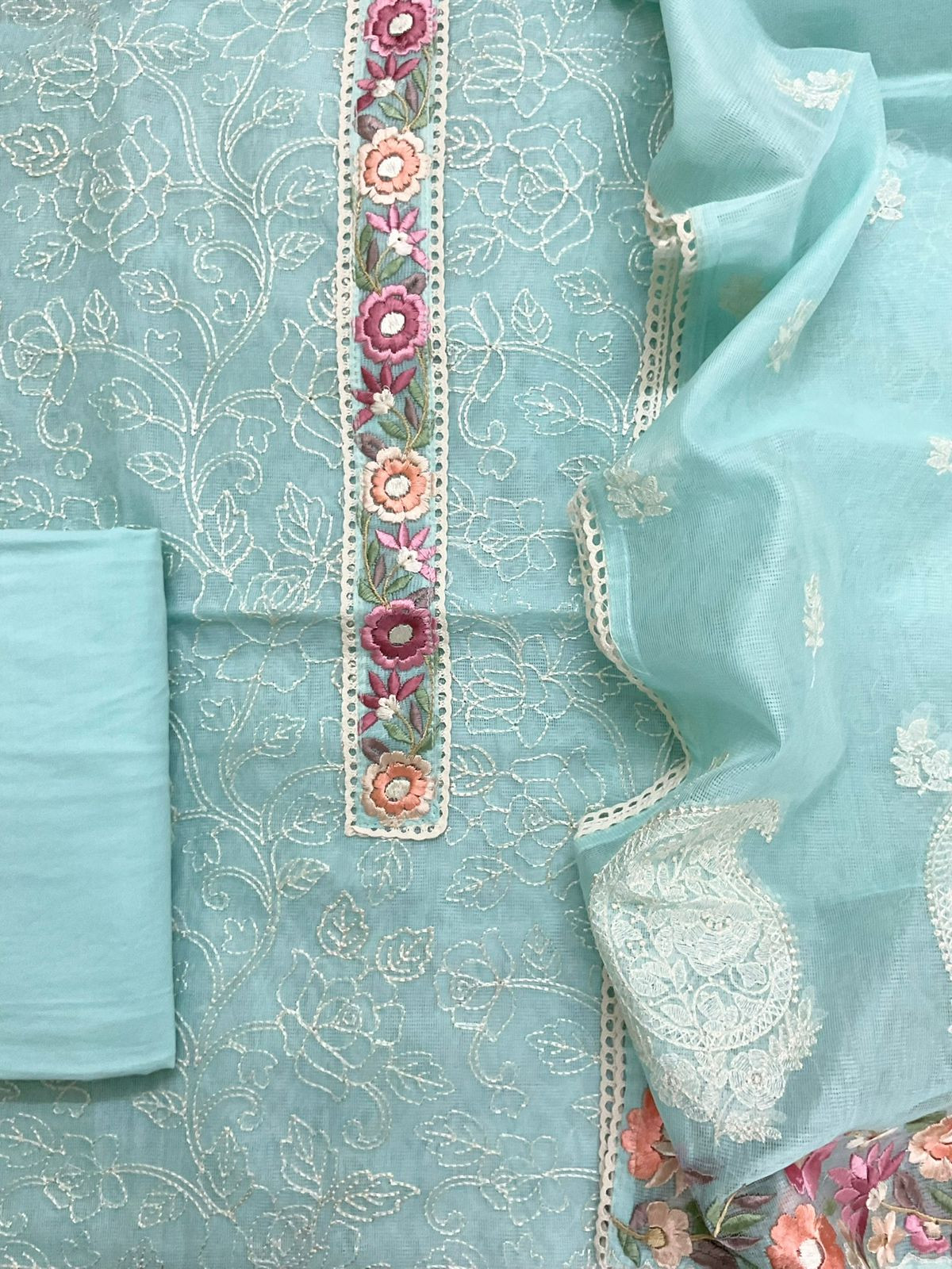 Soft Fine Supernet Embroidered Suit - Blue