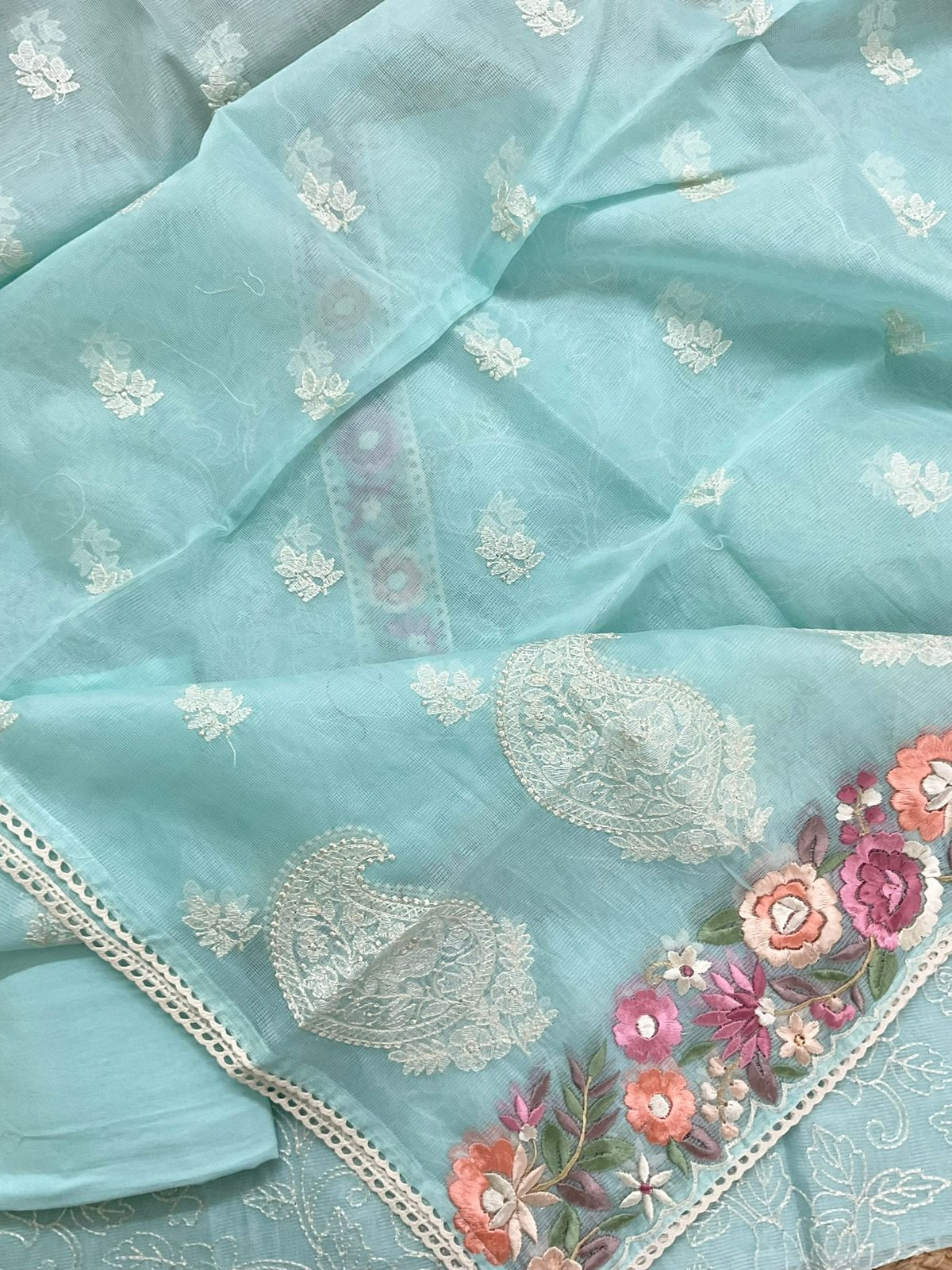 Soft Fine Supernet Embroidered Suit - Blue