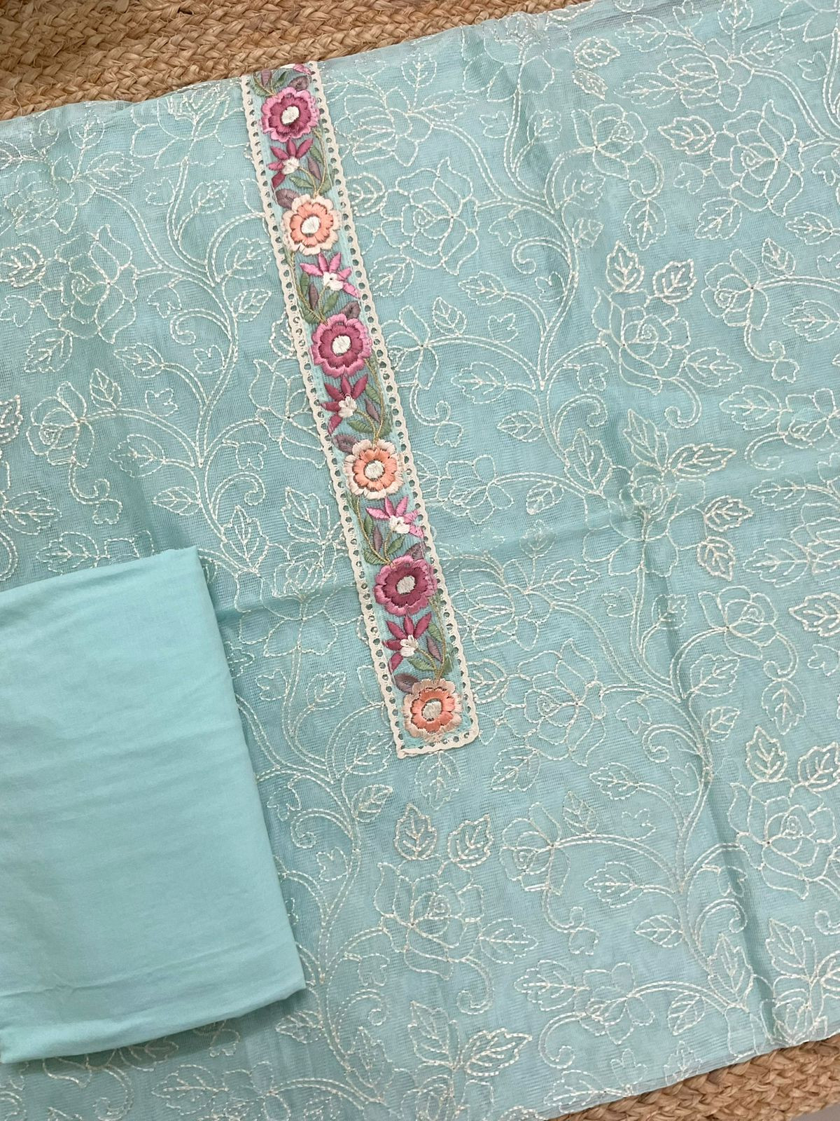 Soft Fine Supernet Embroidered Suit - Blue