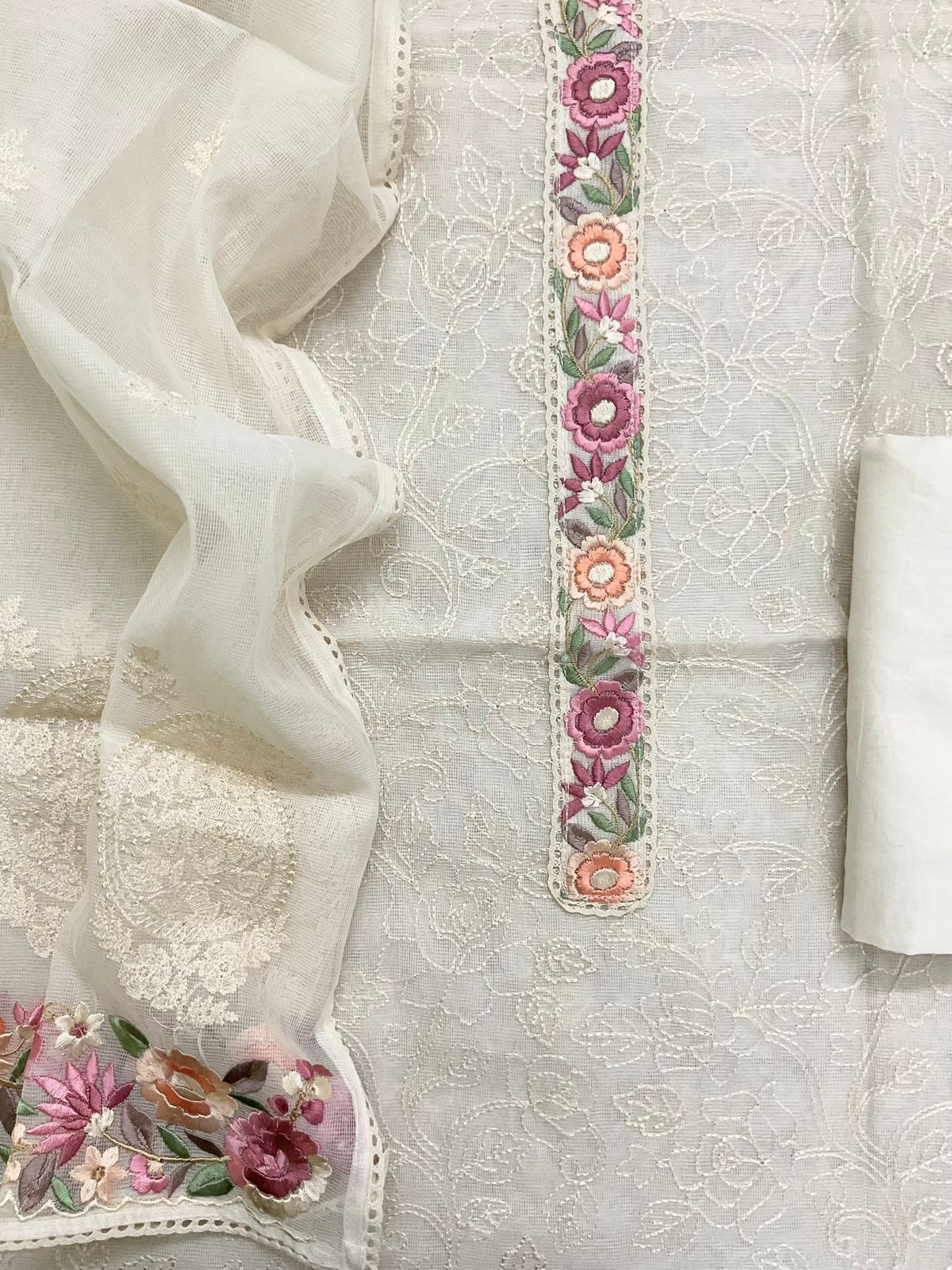 Soft Fine Supernet Embroidered Suit - OffWhite