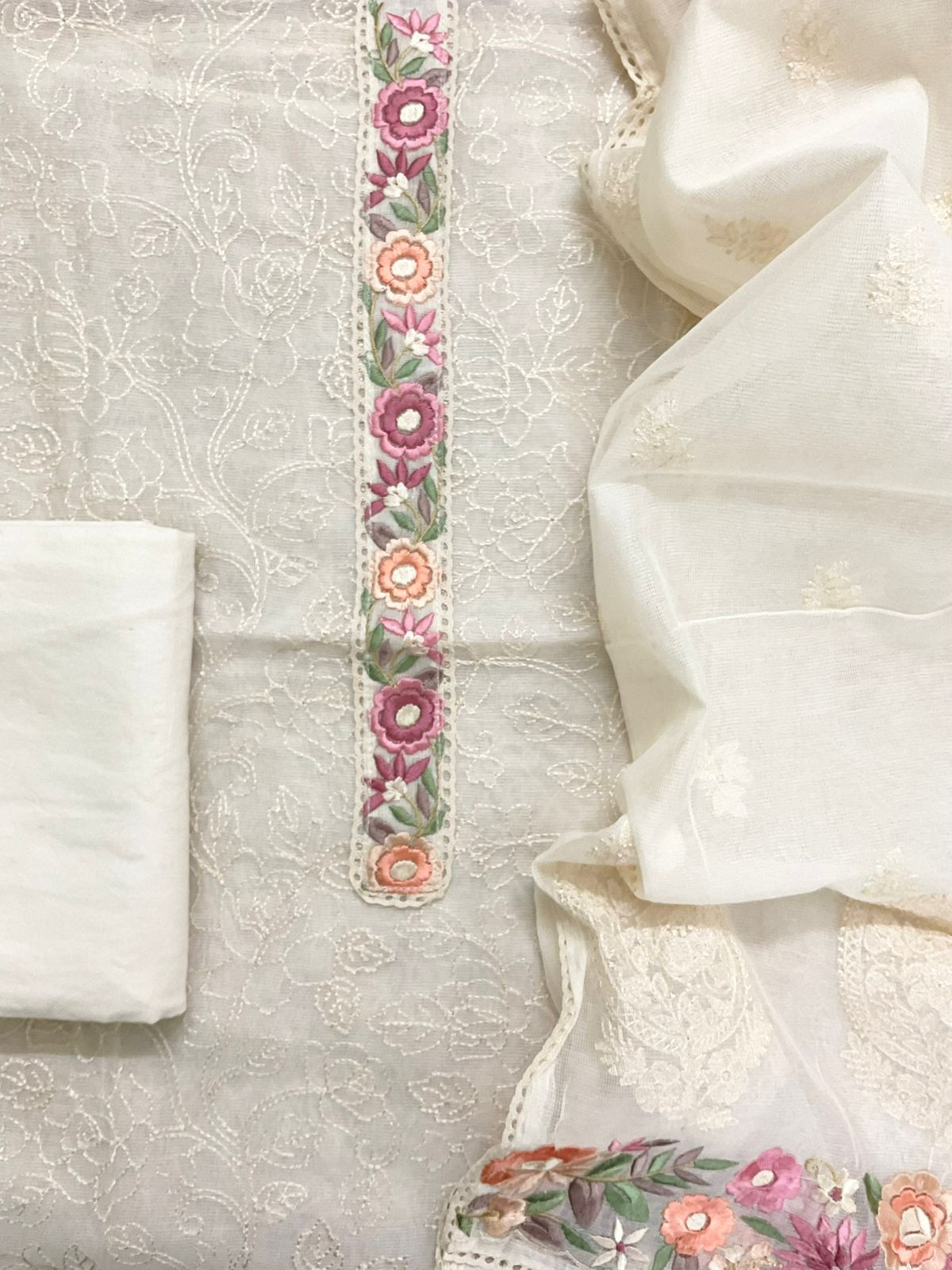 Soft Fine Supernet Embroidered Suit - OffWhite