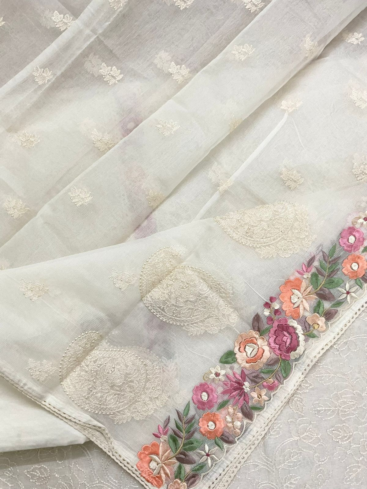 Soft Fine Supernet Embroidered Suit - OffWhite