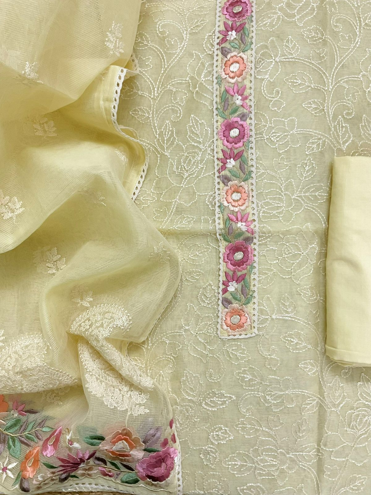 Soft Fine Supernet Embroidered Suit - Yellow