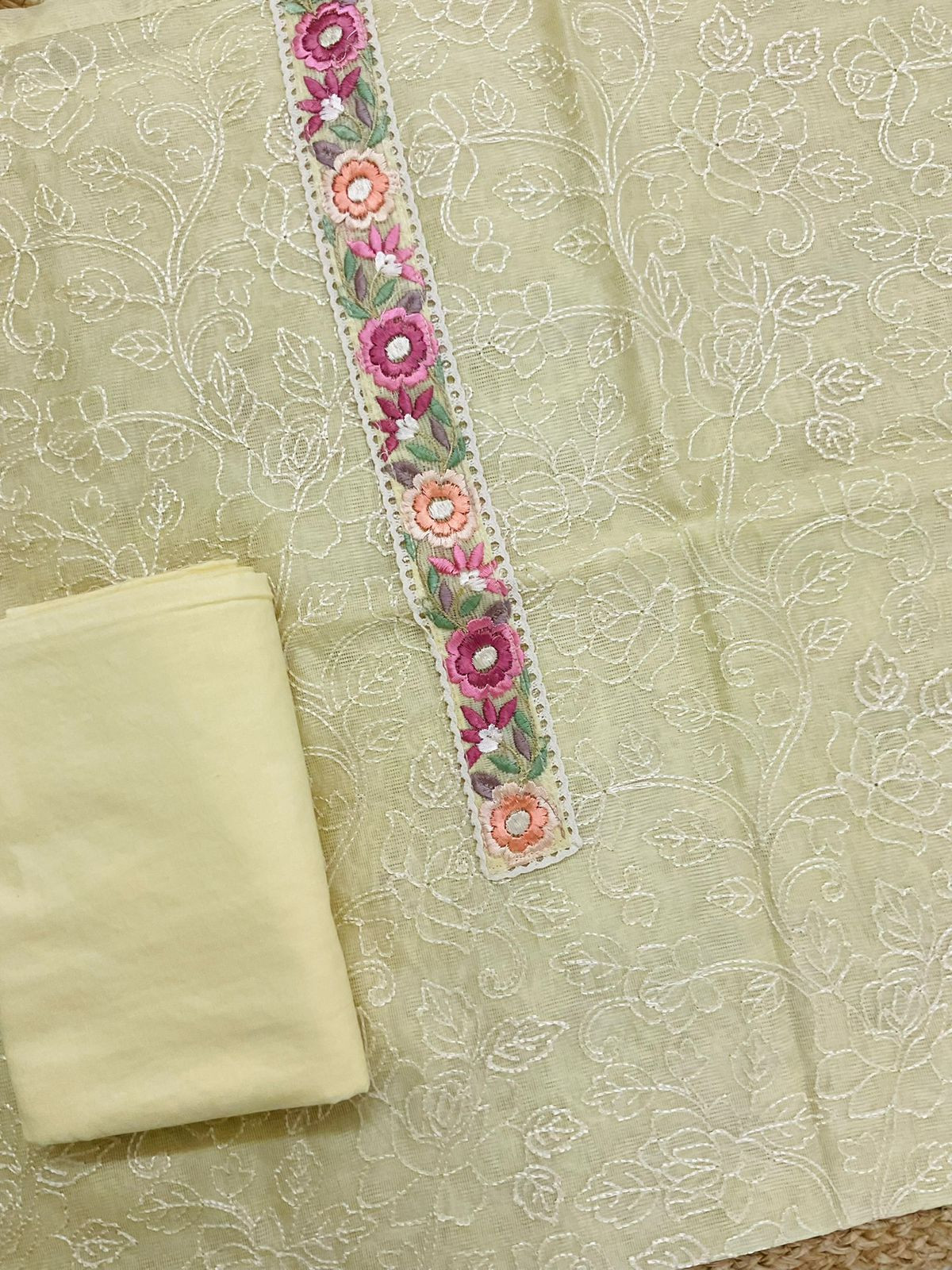 Soft Fine Supernet Embroidered Suit - Yellow
