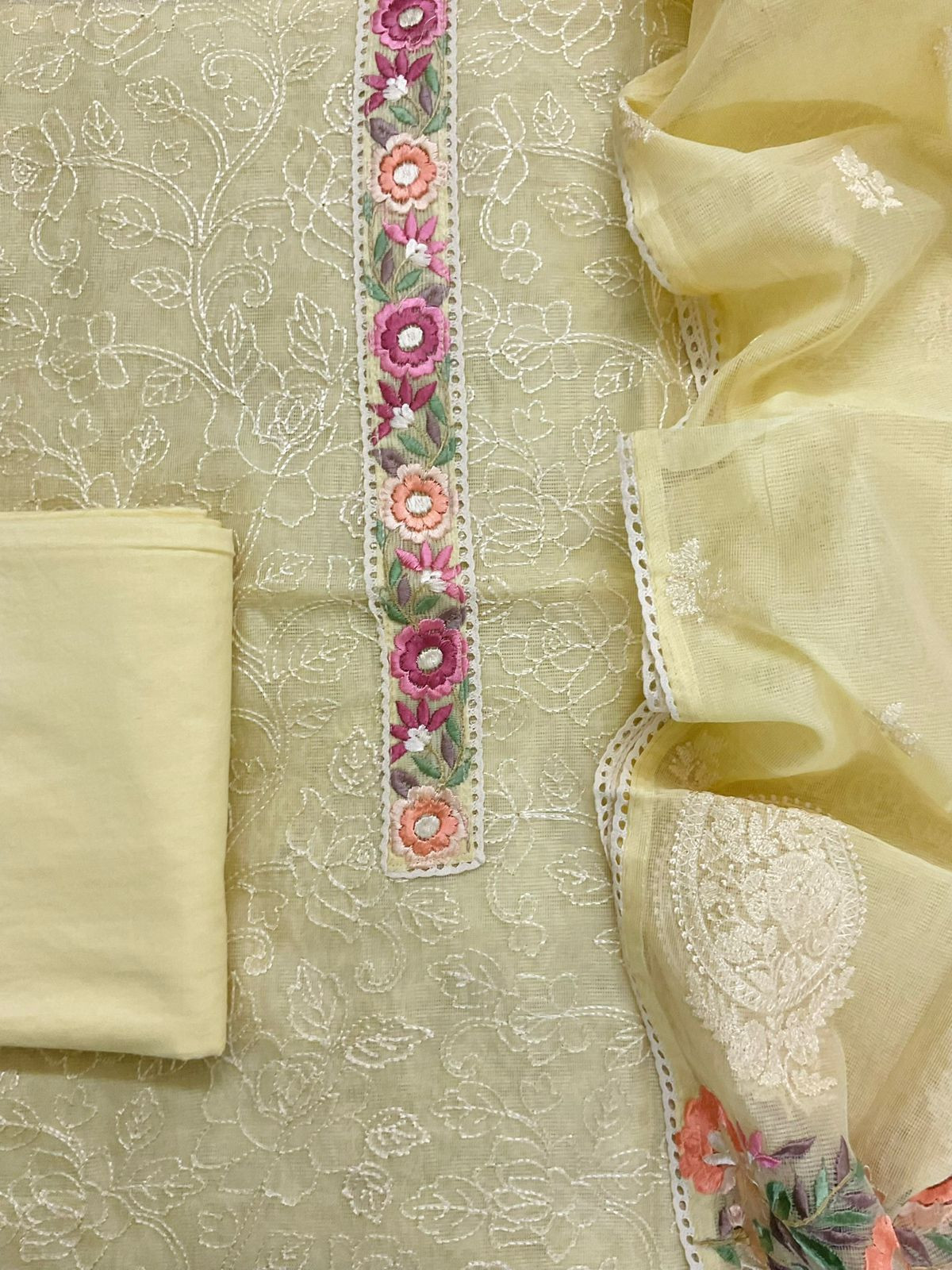 Soft Fine Supernet Embroidered Suit - Yellow