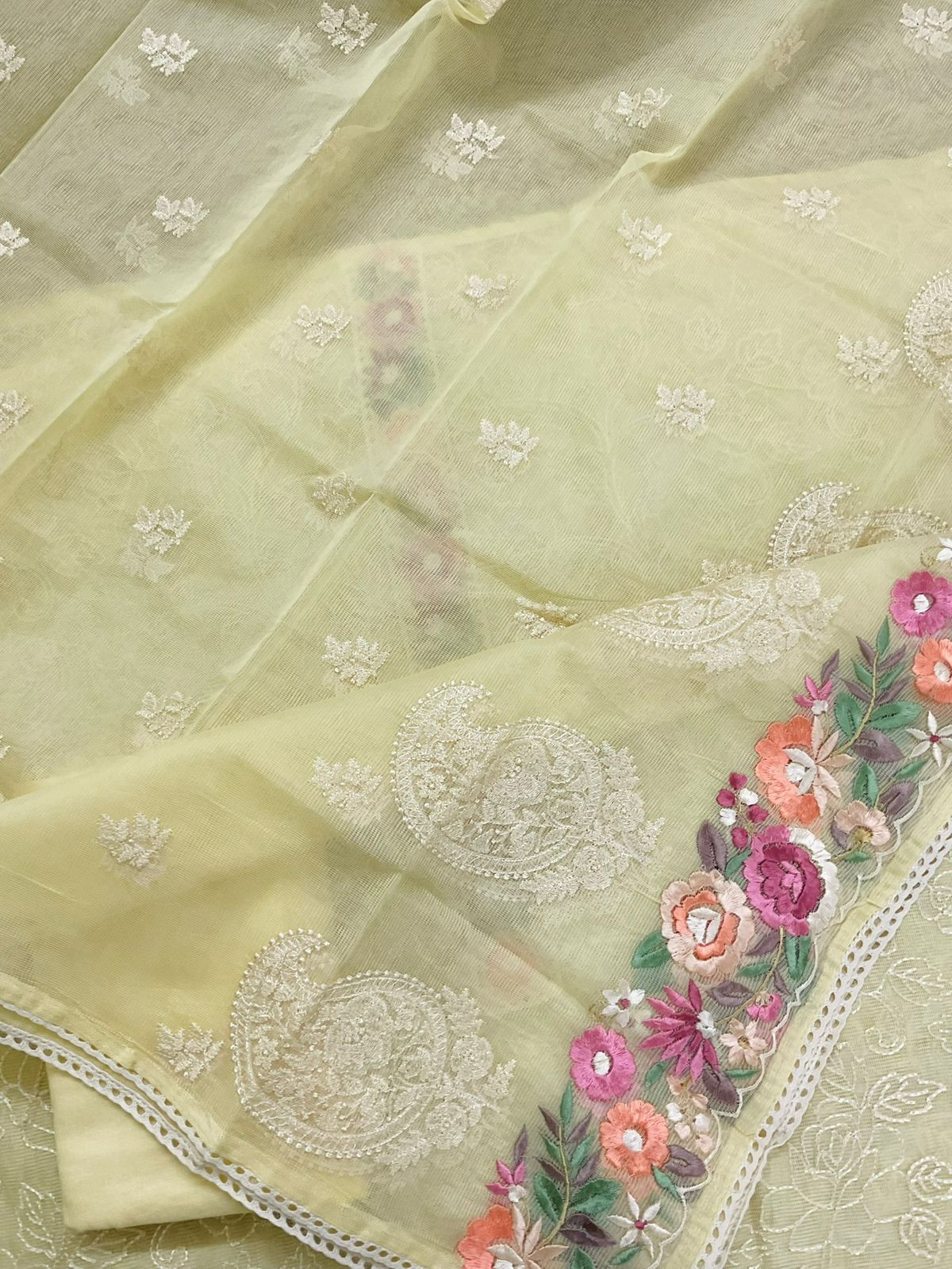 Soft Fine Supernet Embroidered Suit - Yellow