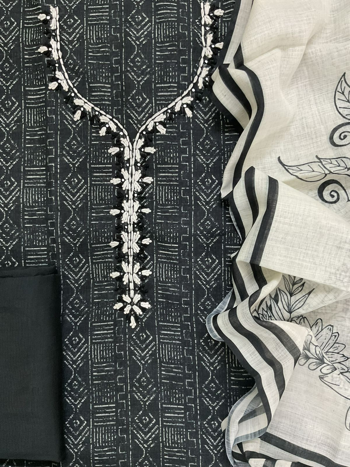 Soft Linen Jute Cotton Printed Embroidered Suit - Black