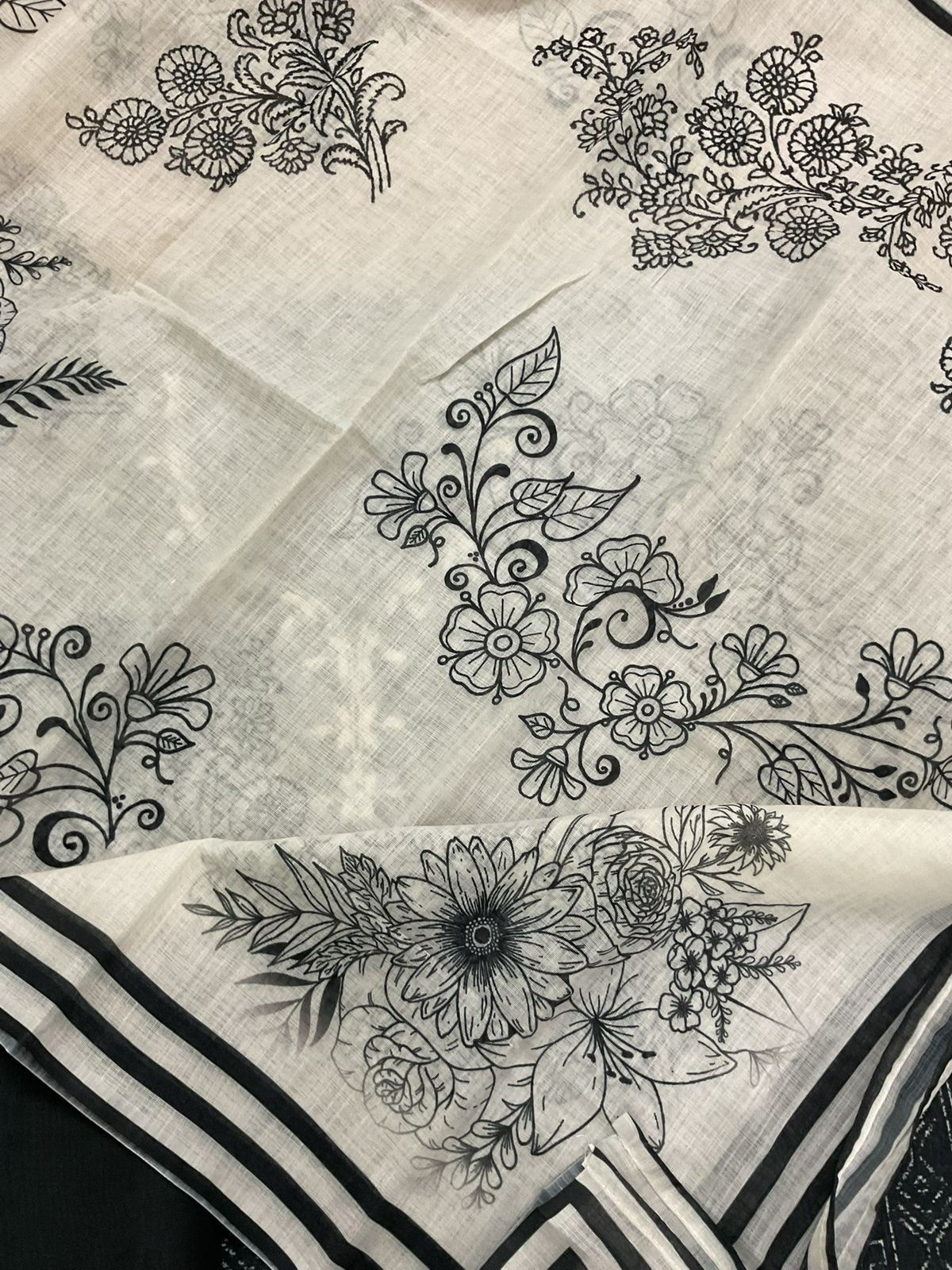 Soft Linen Jute Cotton Printed Embroidered Suit - Black