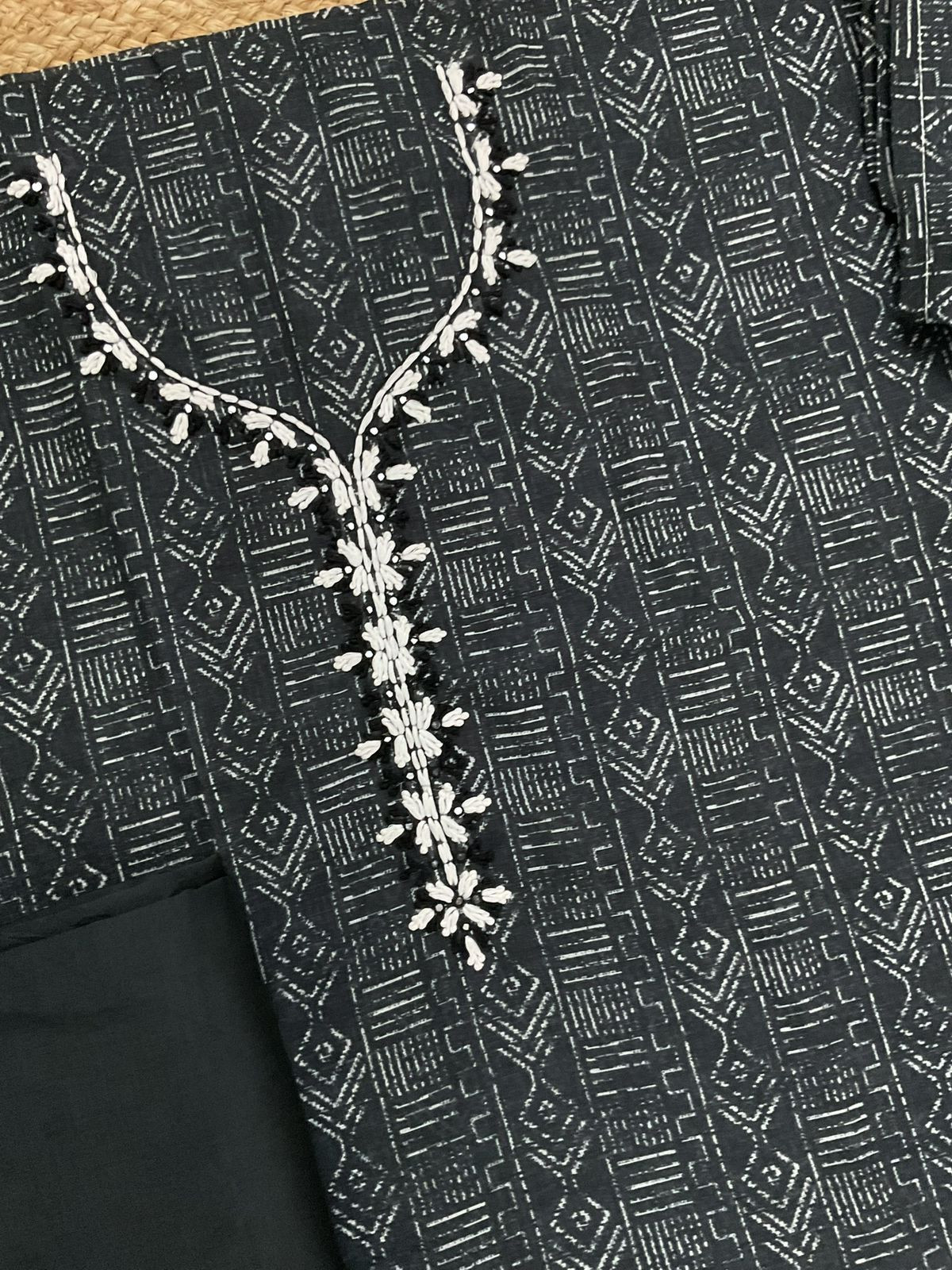 Soft Linen Jute Cotton Printed Embroidered Suit - Black
