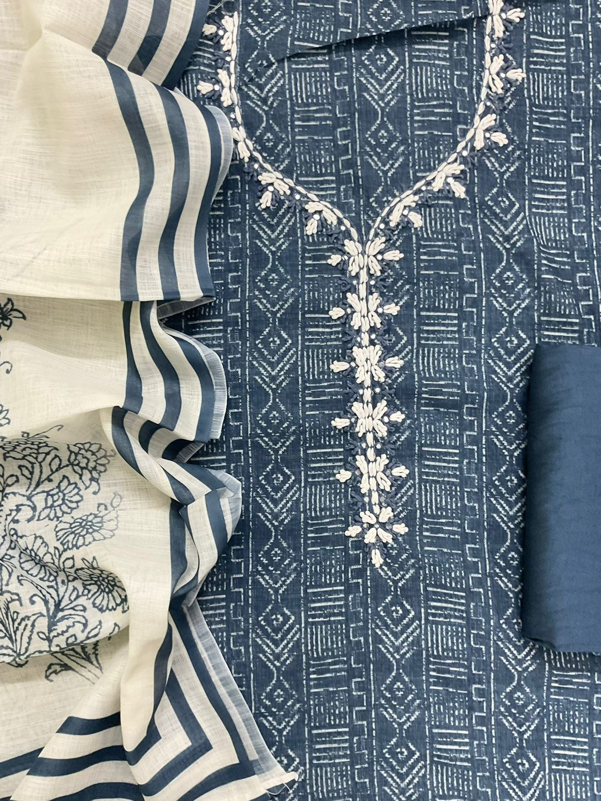 Soft Linen Jute Cotton Printed Embroidered Suit - Blue