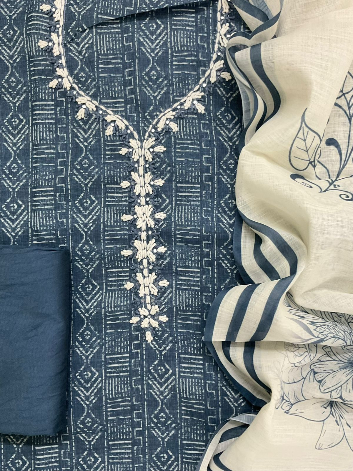 Soft Linen Jute Cotton Printed Embroidered Suit - Blue